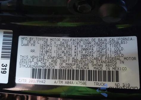 2008 Toyota Tacoma Prerunner V6 z USA, uszkodzony, nr VIN 3TMJU62N88M058225